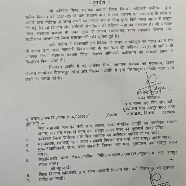 जिला विपणन अधिकारी अभिषेक मिश्रा निलंबित, 23 हजार&hellip;